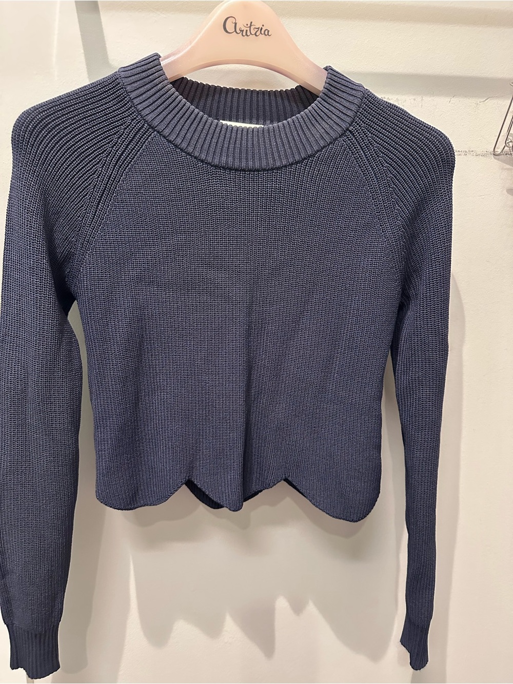 Wilfred navy crewneck sweater with scalloped hem